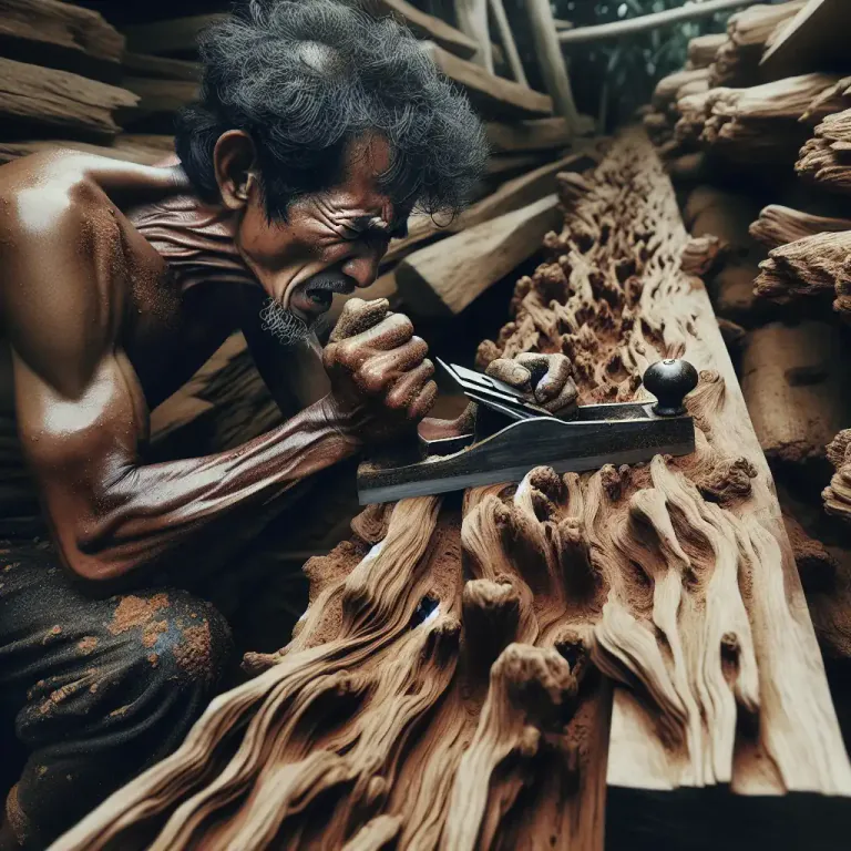 Visual representation of "knotty" - Full of knots, having a rough surface or texture due to knots.