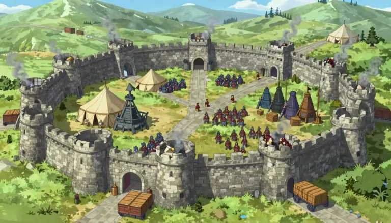 Visual representation of "siege" - A military operation where enemy forces surround a town or building, cutting off essential supplies with the aim of making those inside surrender.