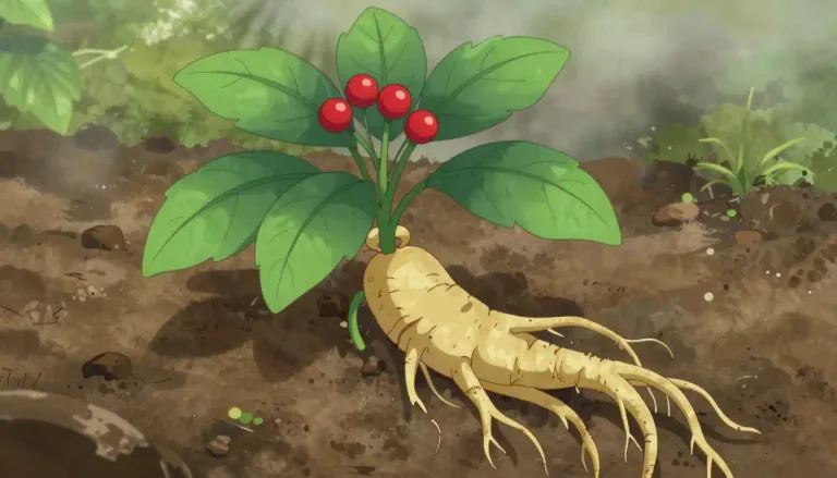 Visual representation of "ginseng" - A type of plant from Korea, China or America which grows slow. People use its root in medicines and herbal products.
