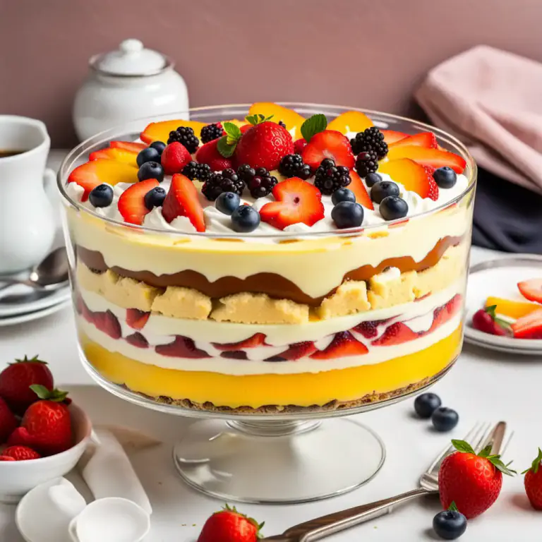 Visual representation of "trifle" - A popular British dessert made with layers of sponge, custard, fruit, and cream