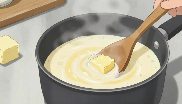 Visual representation of "bechamel" - A smooth, creamy white sauce made with milk, butter and flour.