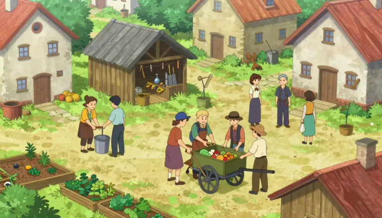 Visual representation of "communism" - A way of organizing a society where property is owned by everyone together, not by individual people.