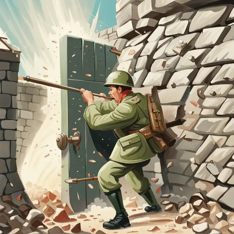 Visual representation of "batter down" - To hit or strike at something heavily and repeatedly until it is destroyed or defeated.