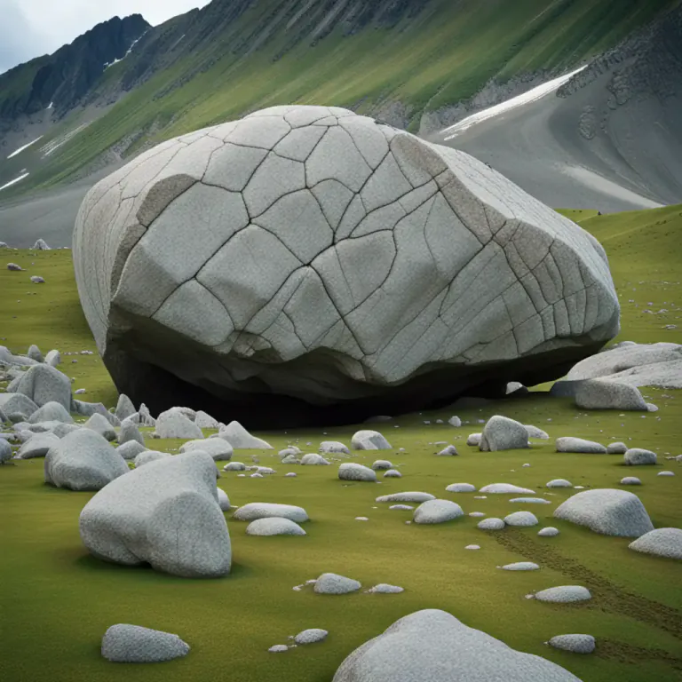Visual representation of "erratic" - In geology, it refers to a rock or boulder that differs from the surrounding rock and is brought from a distance by glacial action.