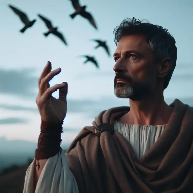 Visual representation of "augur" - An ancient Roman religious official who interpreted the will of the gods by studying the flight of birds and other natural signs.