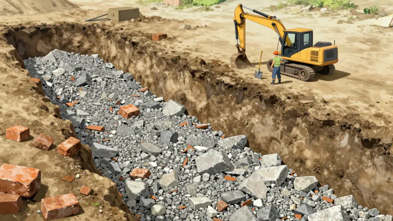 Visual representation of "hardcore" - Broken bricks, stones, concrete and other material used as a base for foundations in building work.