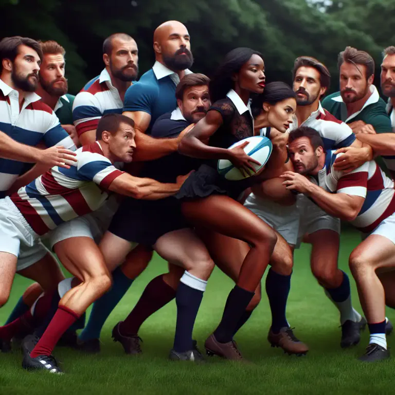 Visual representation of "ruck" - The mass of players in a rugby match, crowding round the ball on the ground trying to get it.