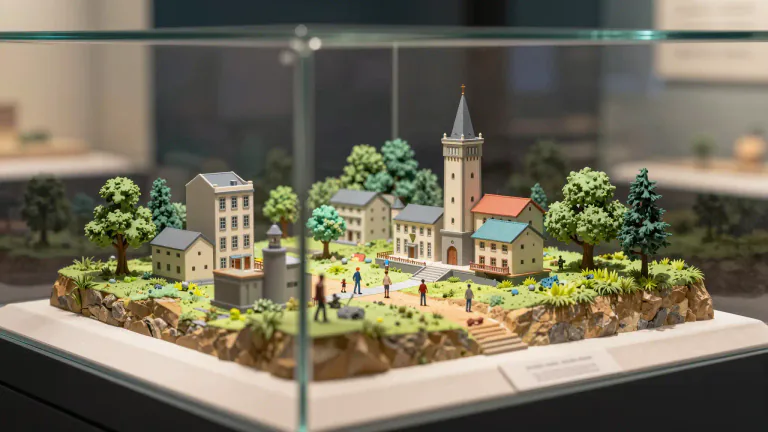 Visual representation of "diorama" - A small model representing a scene with three-dimensional figures, usually encased in a glass showcase.