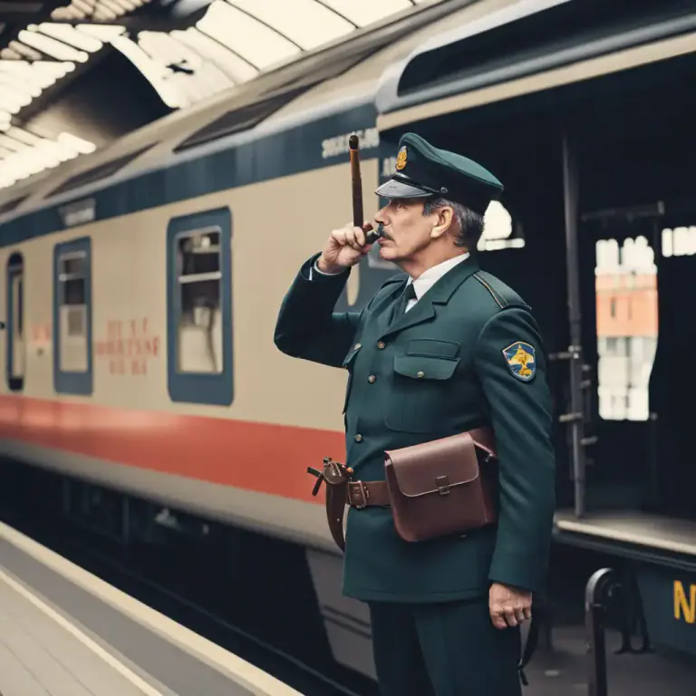 Visual representation of "guard" - A person in uniform who travels and works on a train.