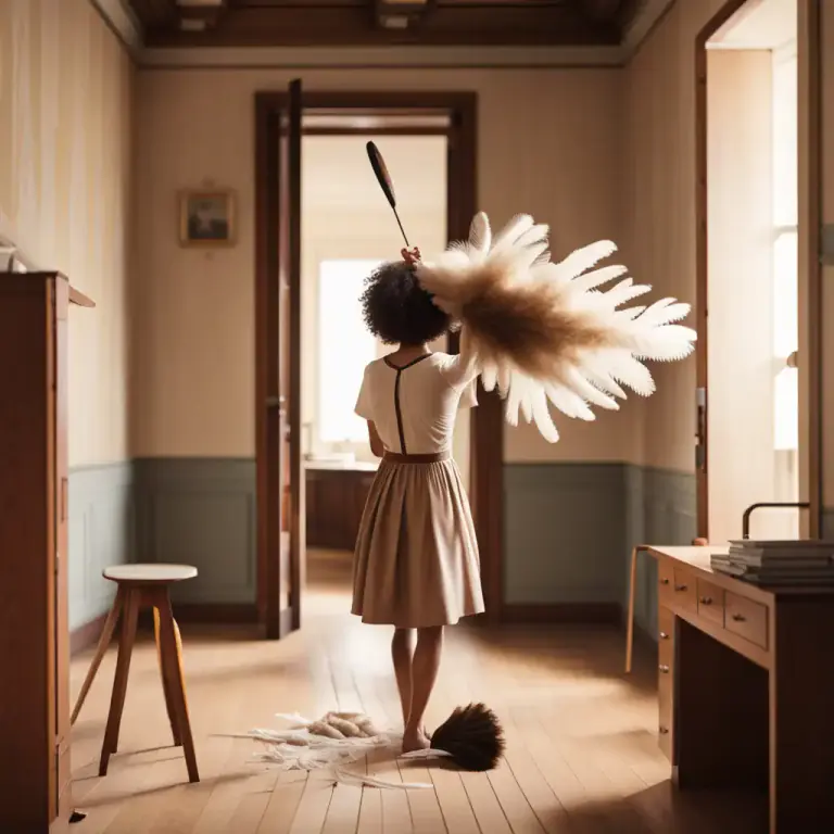 Visual representation of "dust off" - To clean something by blowing or wiping away dust or dirt.
