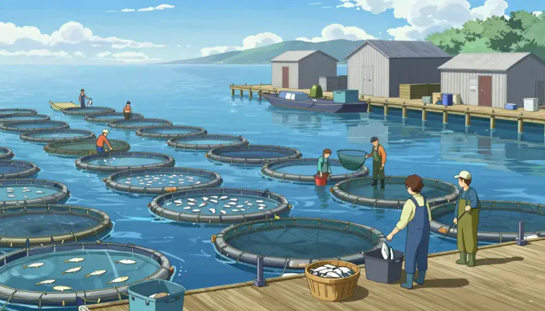 Visual representation of "fishery" - A place where fish are reared for commercial purposes.