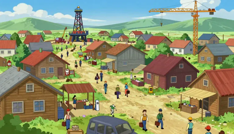 Visual representation of "boomtown" - A town that experiences rapid economic growth and an increase in population, often due to new industry or resources.