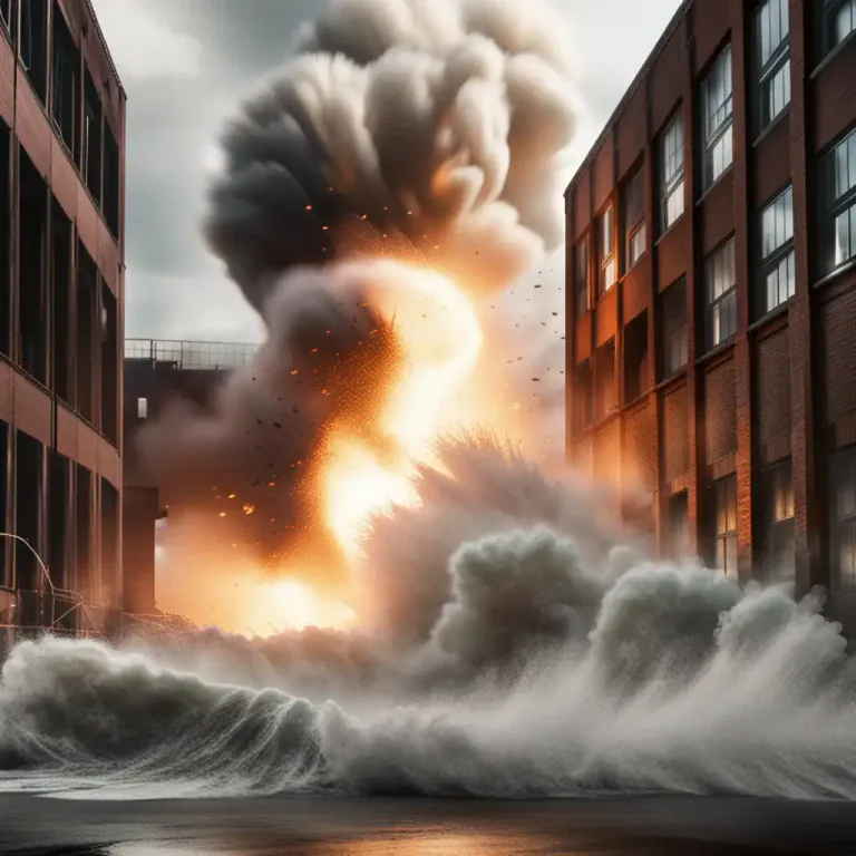 Visual representation of "blast" - A violent or extensive explosion, usually causing great damage.