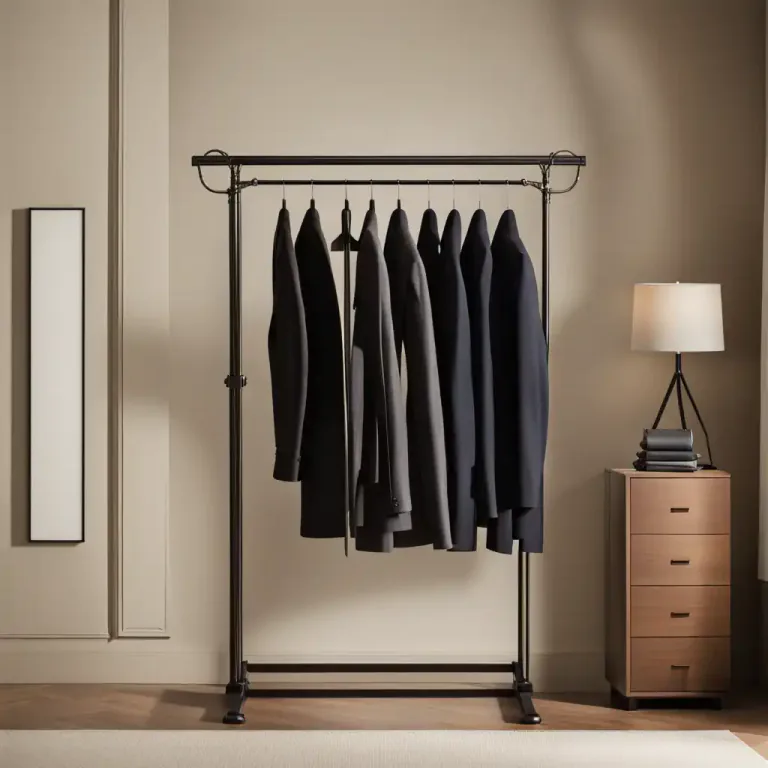 Visual representation of "valet" - A metal stand or box in a man's bedroom where clothes, especially a suit, can be hung to keep them in shape.