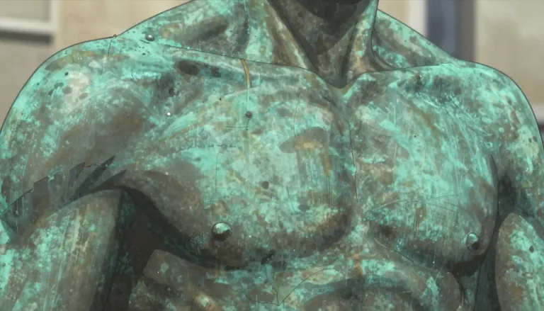 Visual representation of "patina" - A green or brown film on the surface of bronze or similar metals, produced by oxidation over a long period.