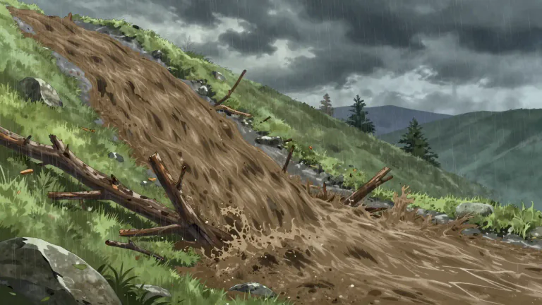Visual representation of "mudslide" - A mudslide is a large flow of mud down a slope, usually caused by heavy rain or rapidly melting snow.