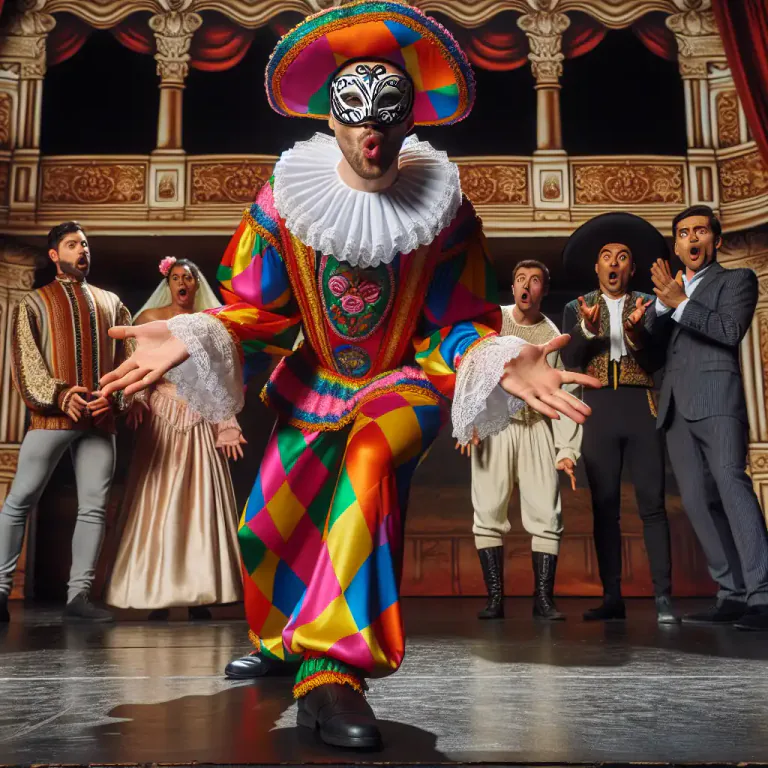 Visual representation of "columbine" - Is the character in a play who is a foolish, deceitful, or suspicious man, often dressed in a mask and multicolored costume.