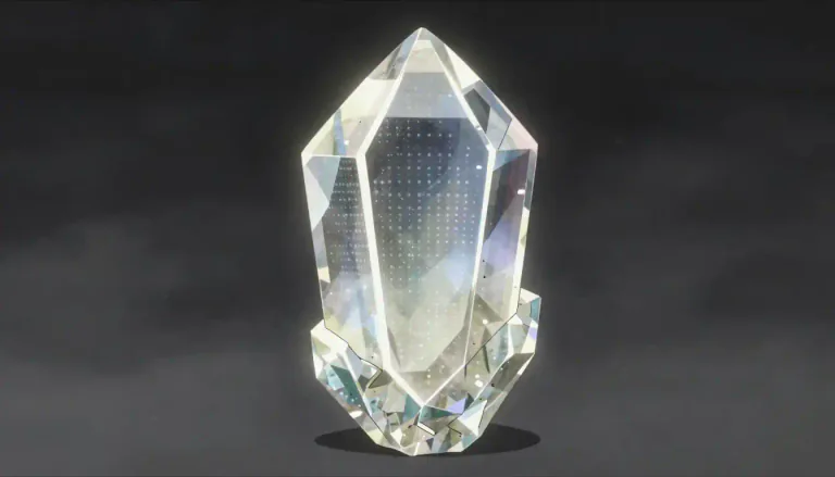 Visual representation of "crystal" - A solid piece in which atoms are regularly arranged in fixed patterns
