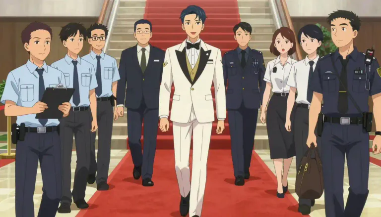 Visual representation of "entourage" - A group of people who travel with and work for an important or famous person.