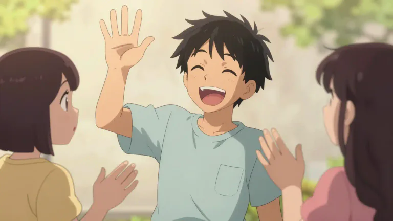 Visual representation of "laughingly" - In a manner that shows amusement or happiness.