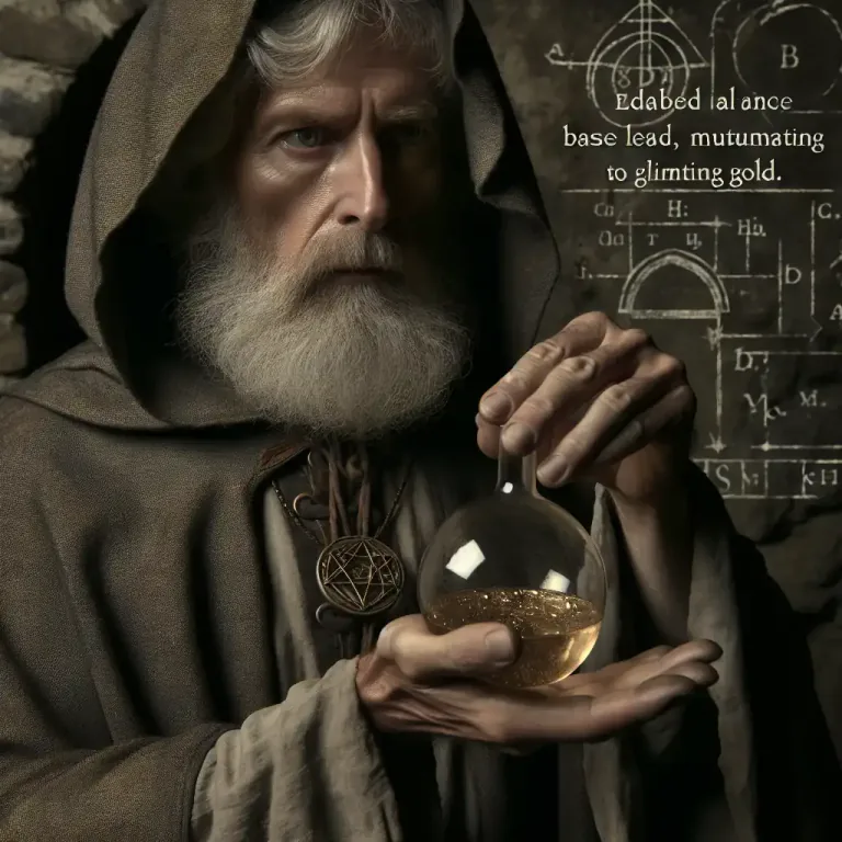 Visual representation of "transmute" - In alchemy, to change a base metal into gold or silver