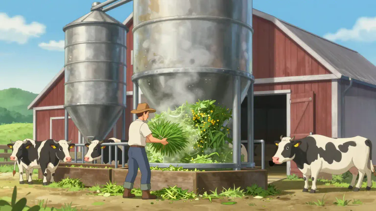 Visual representation of "silage" - Silage is a kind of feed for farm animals that is made by storing and fermenting green crops in a silo.