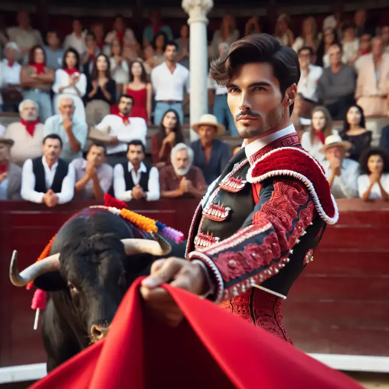 Visual representation of "bullfighting" - The act of performing as a matador in a bullfighting event.