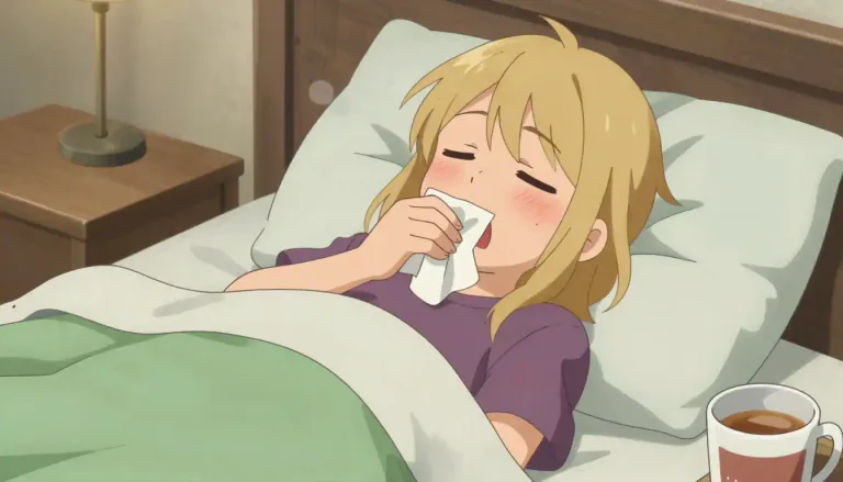 Visual representation of "flu" - A common illness that makes you feel very tired and weak, gives you a sore throat, and makes you cough and have to clear your throat often
