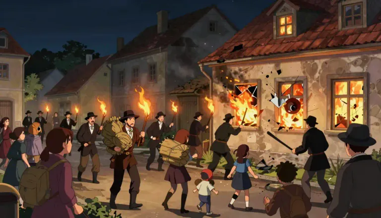 Visual representation of "pogrom" - An organized and often violent attack on a particular group of people, specifically those of a certain ethnicity or religion