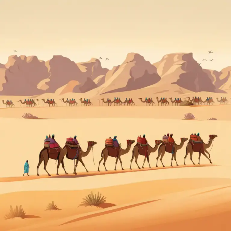 Visual representation of "caravan" - A group of people or animals traveling together, especially through a desert.