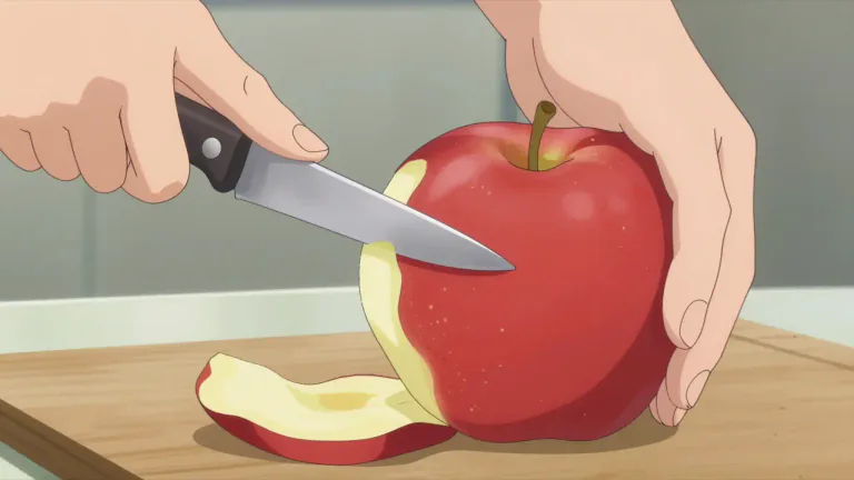 Visual representation of "pare" - To cut away the outer layer or to remove extra parts from something, often with a knife.