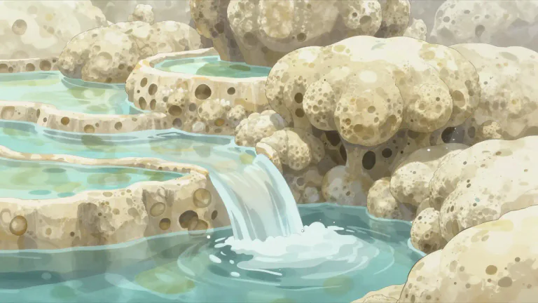 Visual representation of "tufa" - Tufa is a porous rock consisting chiefly of calcium carbonate, formed by the precipitation of carbonate minerals from water.