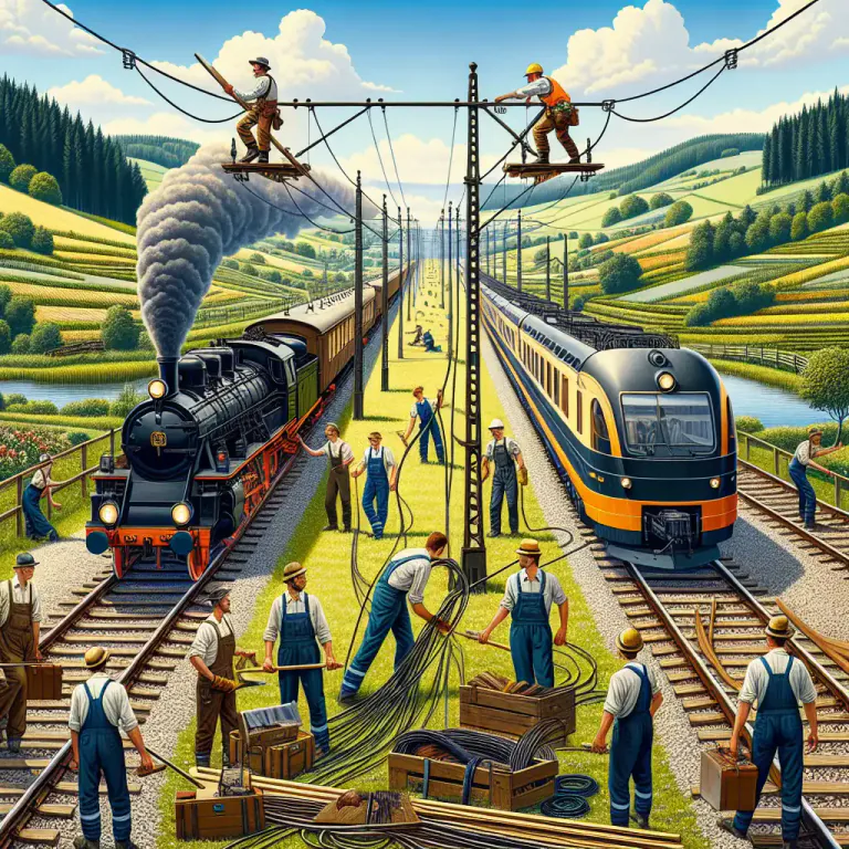 Visual representation of "electrification" - The process of converting a railway line from steam power to electric power
