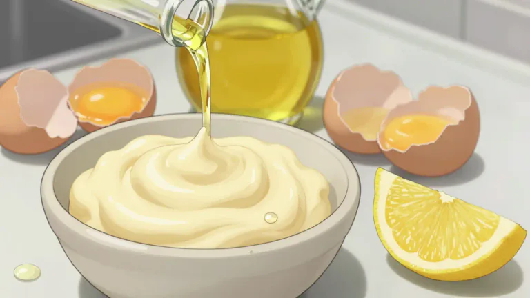 Visual representation of "mayonnaise" - A thick, creamy sauce or dressing that is made of egg yolks, oil, and vinegar or lemon juice.