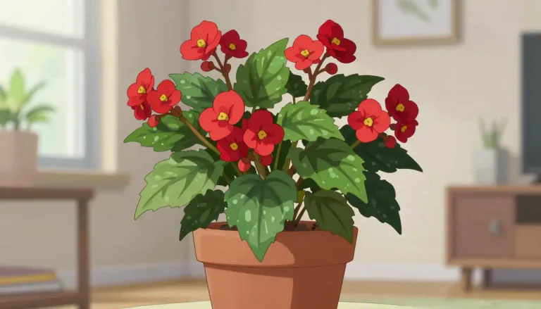 Visual representation of "begonia" - A tropical plant, usually grown as a houseplant, that has bright flowers and many different shapes of leaves.