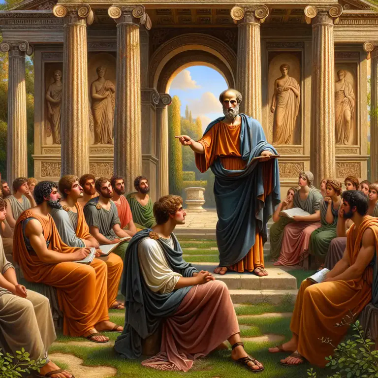 Visual representation of "peripatetic" - Related to the philosophy or teaching methods of Aristotle, who is said to have walked about as he taught.