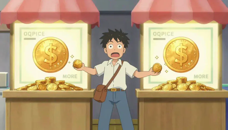 Visual representation of "arbitrage" - The practice of buying something (like goods, stocks, currencies) at a low price in one market and immediately selling them in another market where the price is higher, to make a profit.