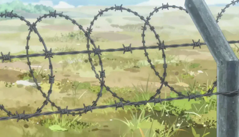 Visual representation of "barbwire" - A type of fencing material made of strong wire with sharp barbs at intervals, used for enclosing areas to prevent entry or escape.