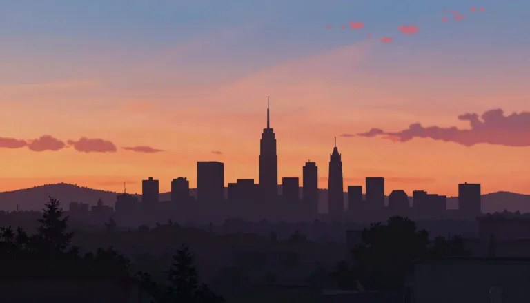 Visual representation of "skyline" - The outline of buildings, trees, hills, etc. against the sky when you look at them from a distance.