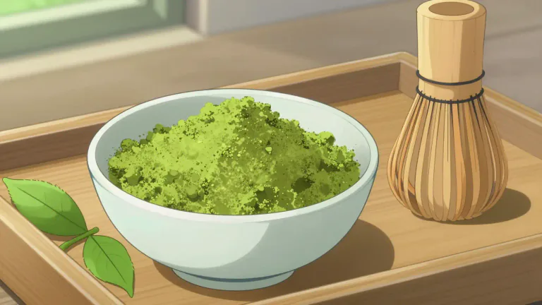 Visual representation of "matcha" - A finely ground powder made from specially grown green tea leaves, traditionally used in Japanese tea preparation.