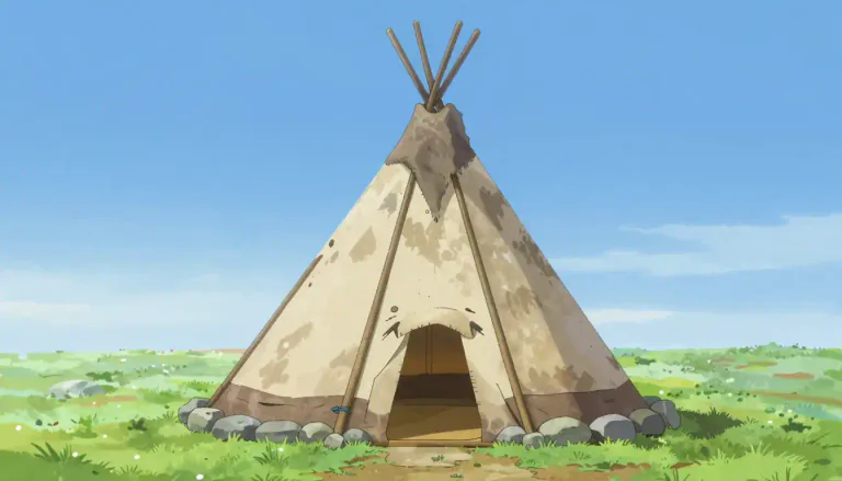 Visual representation of "teepee" - A teepee is a tent made of animal skins or light materials, shaped like a cone, and traditionally used by some Native American peoples for living and shelter.