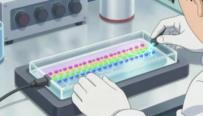 Visual representation of "electrophoresis" - Electrophoresis is a laboratory technique used to separate charged particles in a fluid by applying an electric field.
