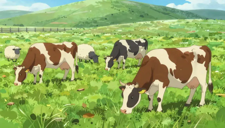 Visual representation of "graze" - When animals, such as cows or sheep, eat grass in a field.