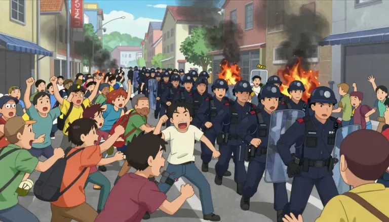 Visual representation of "riot" - A violent public disturbance by a crowd