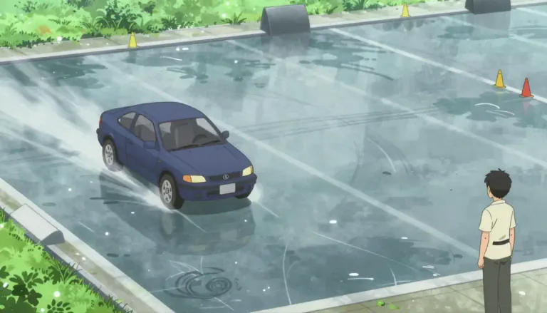 Visual representation of "skidpan" - A flat area that is usually covered with water or oil where drivers learn how to control a car that is skidding