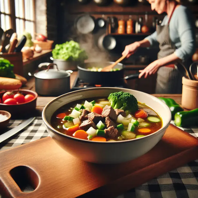 Visual representation of "bullion" - A thick soup made from meat or vegetables.