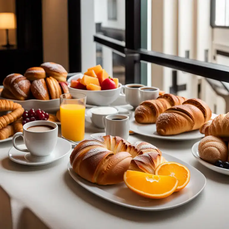 Visual representation of "continental" - A breakfast that typically includes bread, pastries, fruit, and coffee and is usually served in hotels and inns