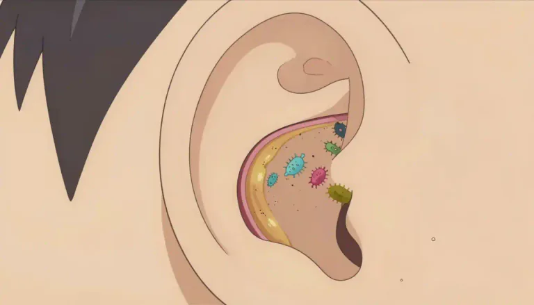 Visual representation of "earwax" - A yellowish substance that is produced in the ear to protect it from dust and bacteria.