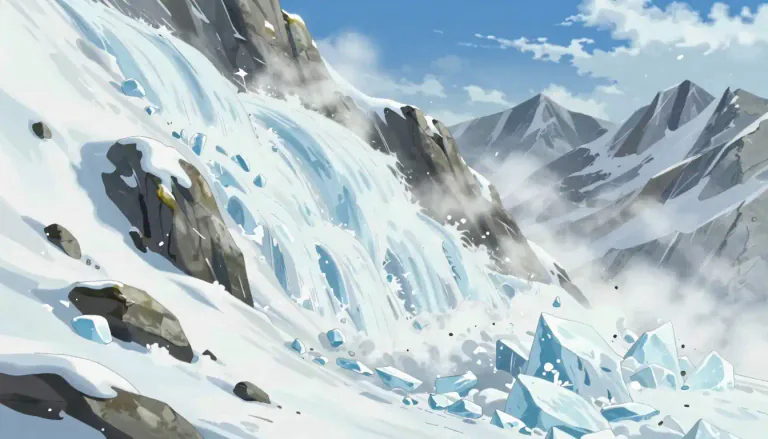 Visual representation of "avalanche" - A mass of snow, ice, and rocks falling quickly down a mountainside