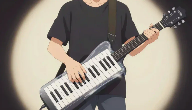Visual representation of "keytar" - A keytar is a portable musical instrument that combines the features of a keyboard and a guitar, typically played by being worn like a guitar while the player uses a keyboard layout.